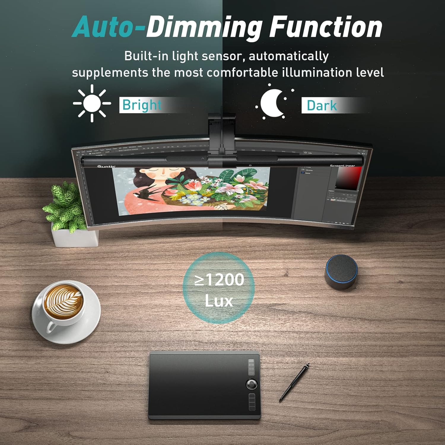 Quntis Monitor Light Bar PRO  with Remote Control, Fit for Curved/Flat Monitor, Eye-Care USB Computer Lamp Dimmable Screen Light Bar with Auto-Dimming, No Glare Home Office Gaming Desk Lamp